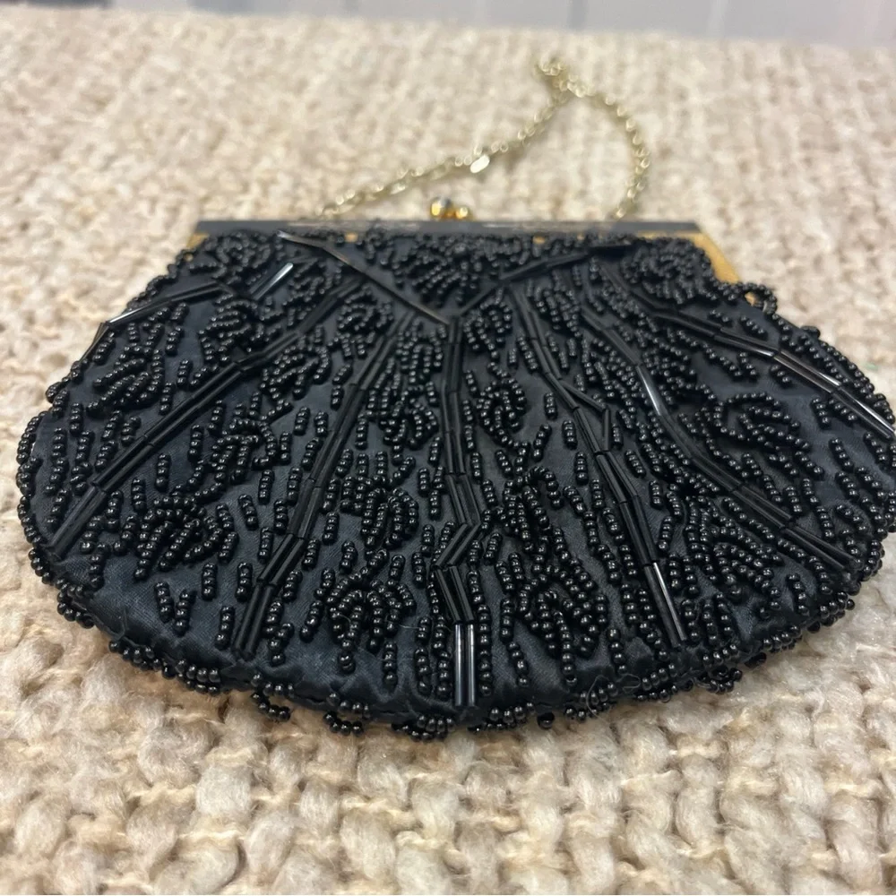 VTG 60s Handmade Unique Black Bead Handbag Clutch Evening Purse Hong‎ Kong
